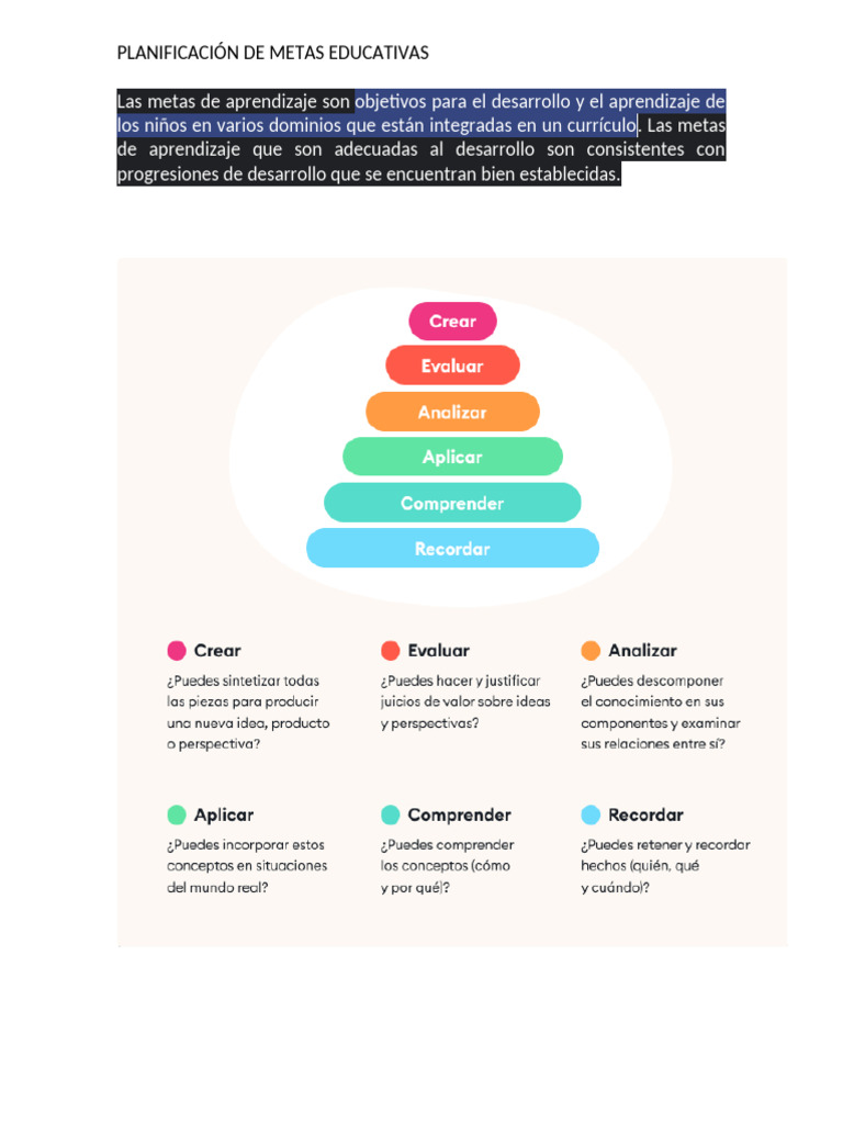 Metas Educativas para el Aprendizaje Infantil | PDF