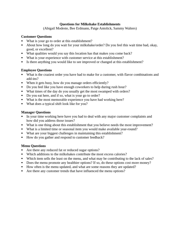 Questions For Milkshake Establishments | PDF