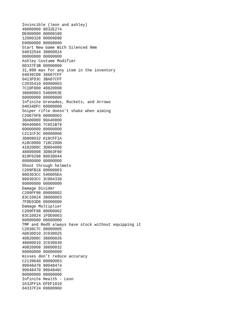 Invincible Cheat Codes for Leon & Ashley PDF