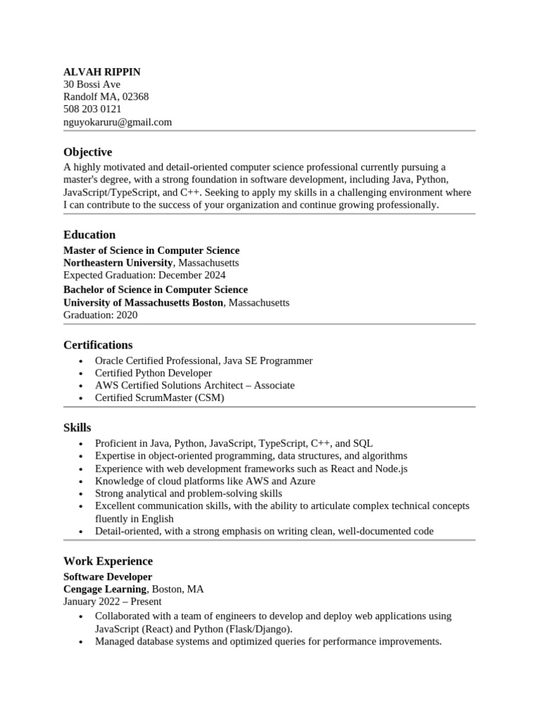 Computer Science Master's Candidate Resume | PDF | Java Script | Software