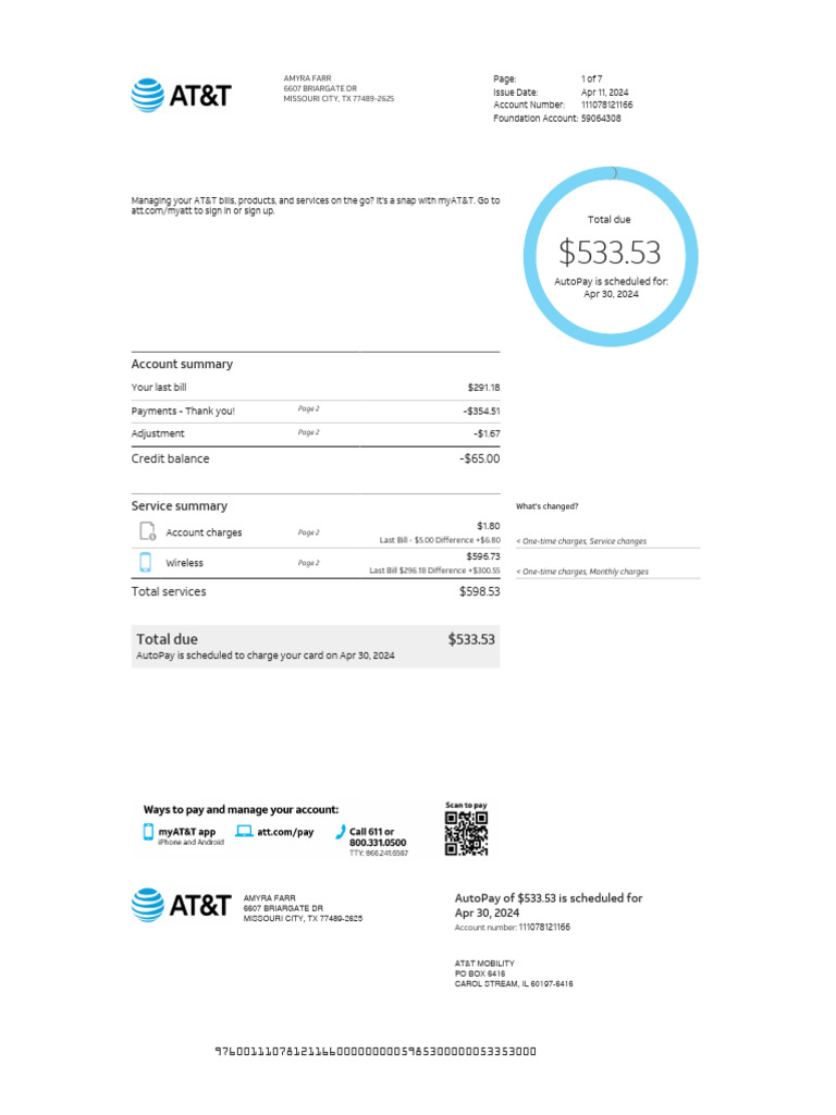 AT&T Bill Summary for April 2024 | PDF | Investment Banking | Credit