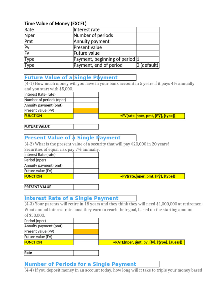 Time Value of Money Calculations in Excel | PDF | Present Value | Time ...
