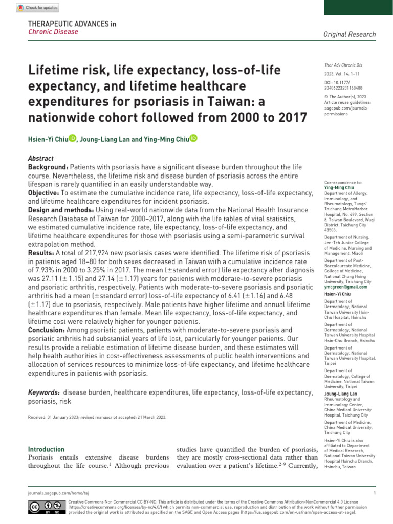 Chiu Et Al 2023 Lifetime Risk Life Expectancy Loss of Life Expectancy ...