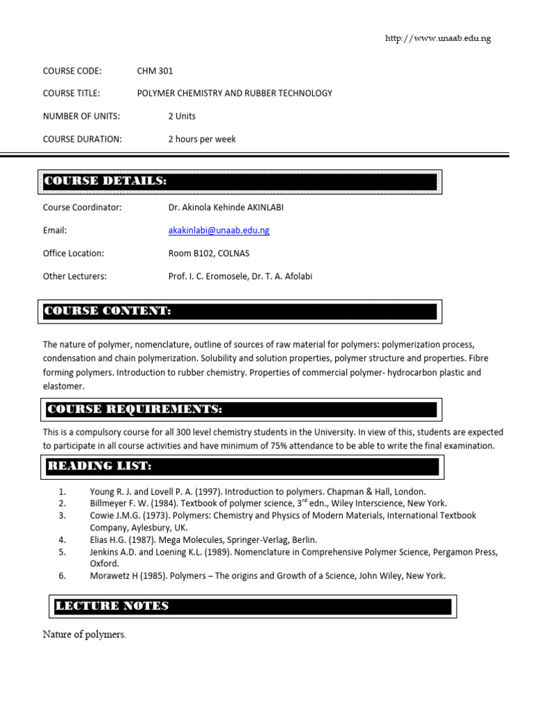 Polymer Chemistry Course Guide | PDF | Polymerization | Polymers
