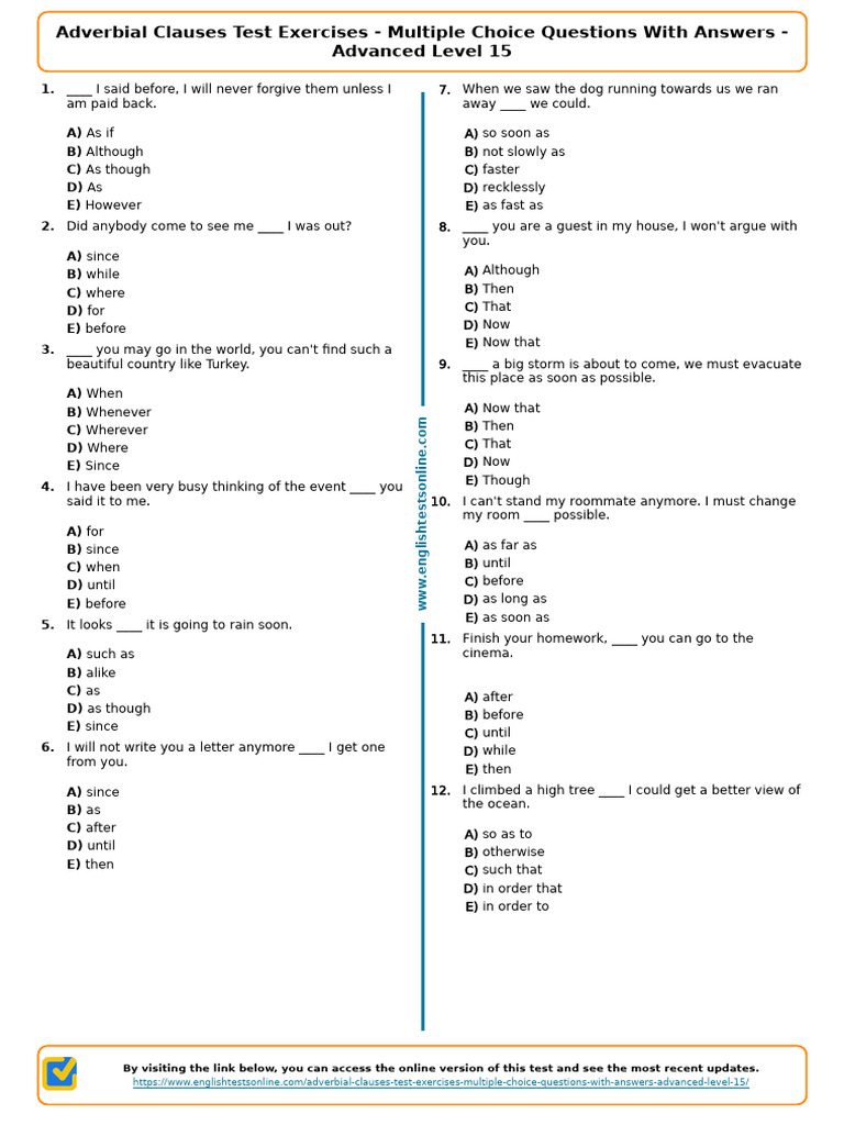 Adverbial Clauses Test: Advanced Exercises | PDF