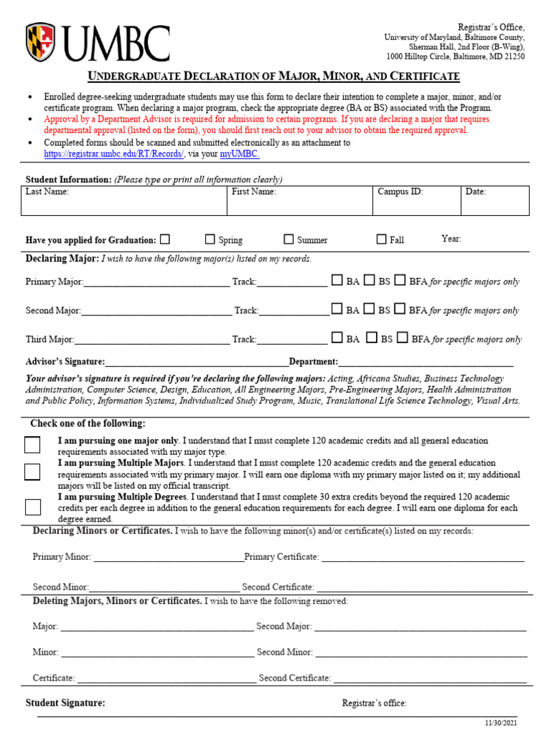 Blank Declaration of Major Form - 11!30!2021 | PDF | Academic Degree ...