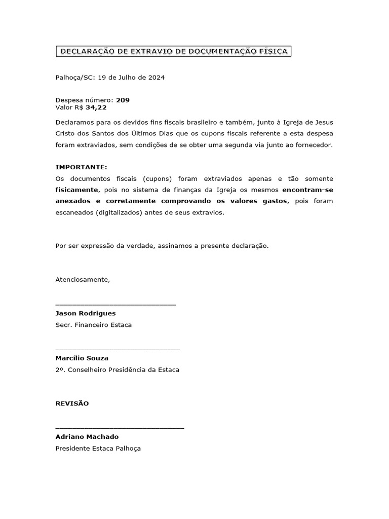Declaração de Extravio de Cupons Fiscais | PDF