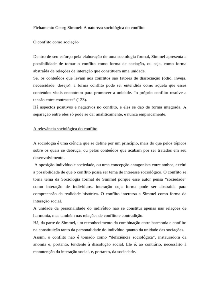 Fichamento Georg Simmel - A natureza sociológica do conflito | PDF ...