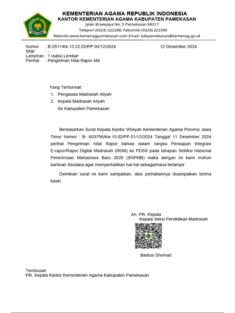 Surat Pengantar Pengiriman Nilai Rapor MA | PDF