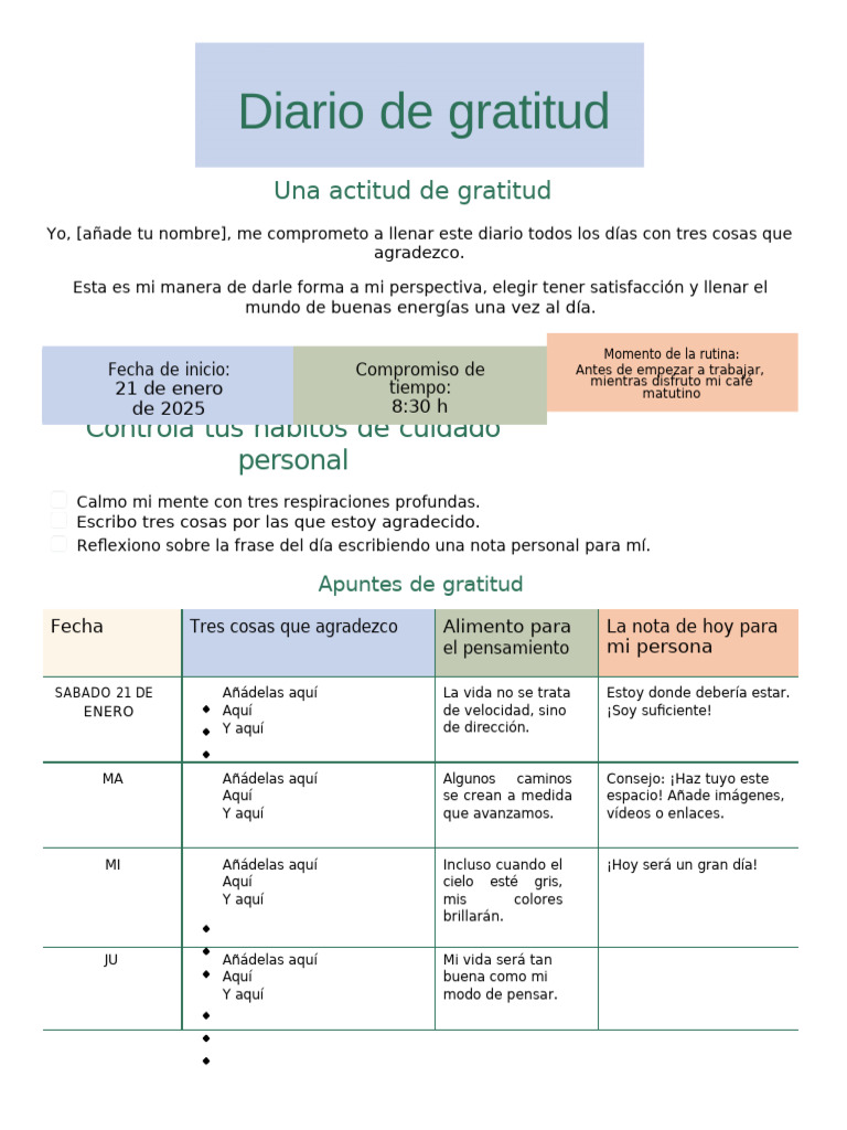 Diario de Gratitud Estilo Profesional Vibrante en Azul Claro Verde | PDF