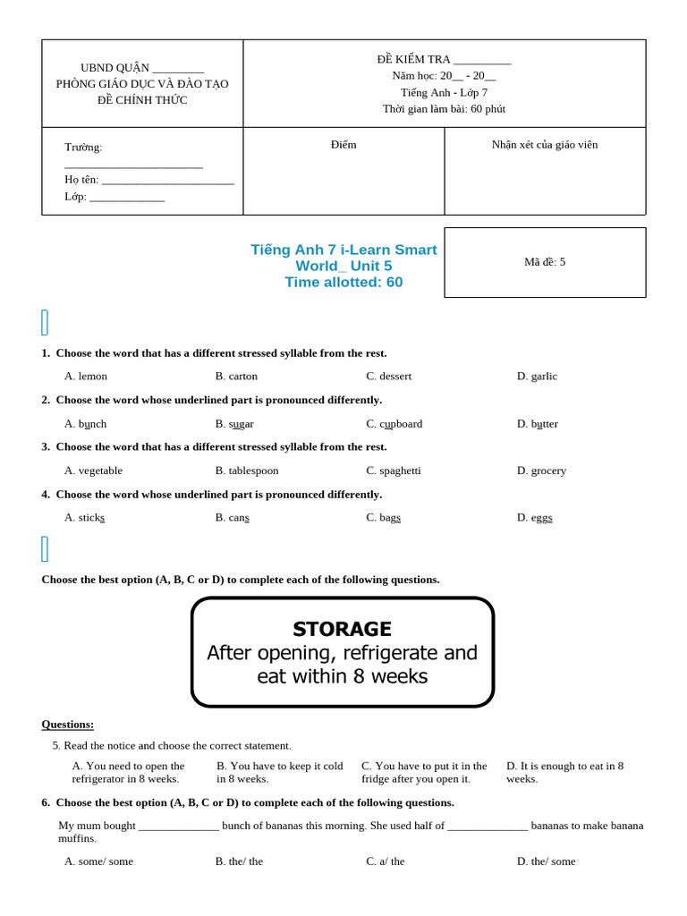 Tiếng Anh 7 I-Learn Smart World - Unit 5 - 5 | PDF | Tofu | Food And ...