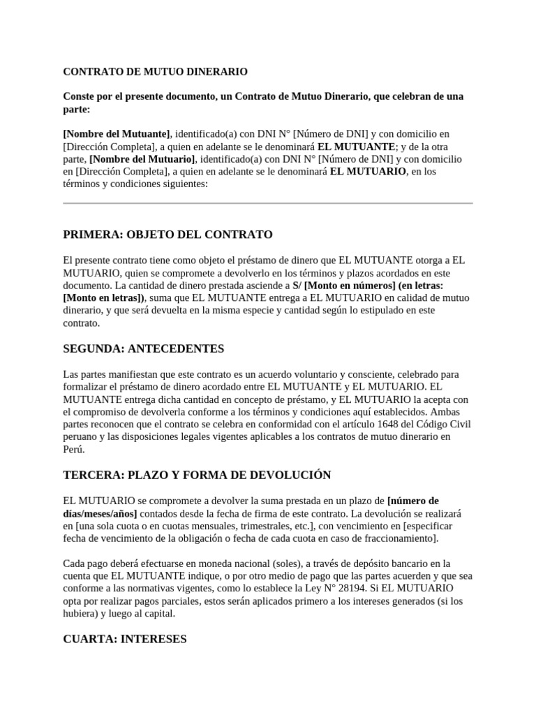 Modelo de Contrato de Mutuo Dinerario | PDF