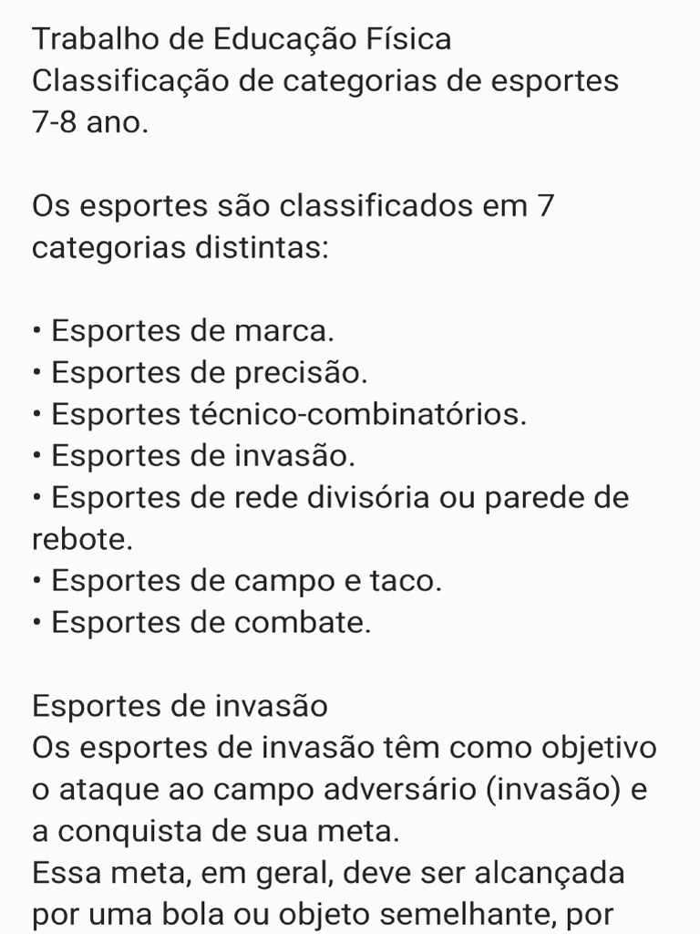 Trabalho de Educação Física - Categorias de Esportes | PDF