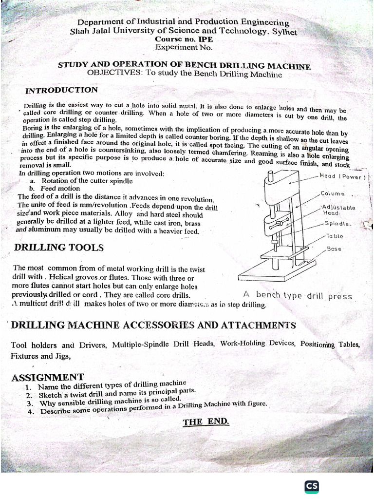Study and Operation of A Bence Drilling Machine | PDF