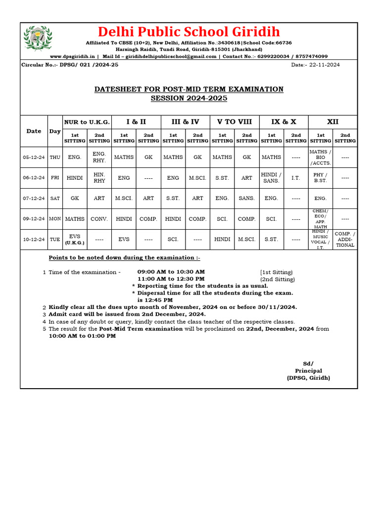 Post-Mid Term Exam Datesheet 2024-25 | PDF | Schools | Educational ...