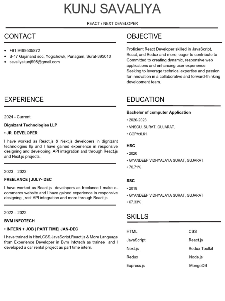 React/Next Developer Resume | PDF | Java Script | Software Engineering