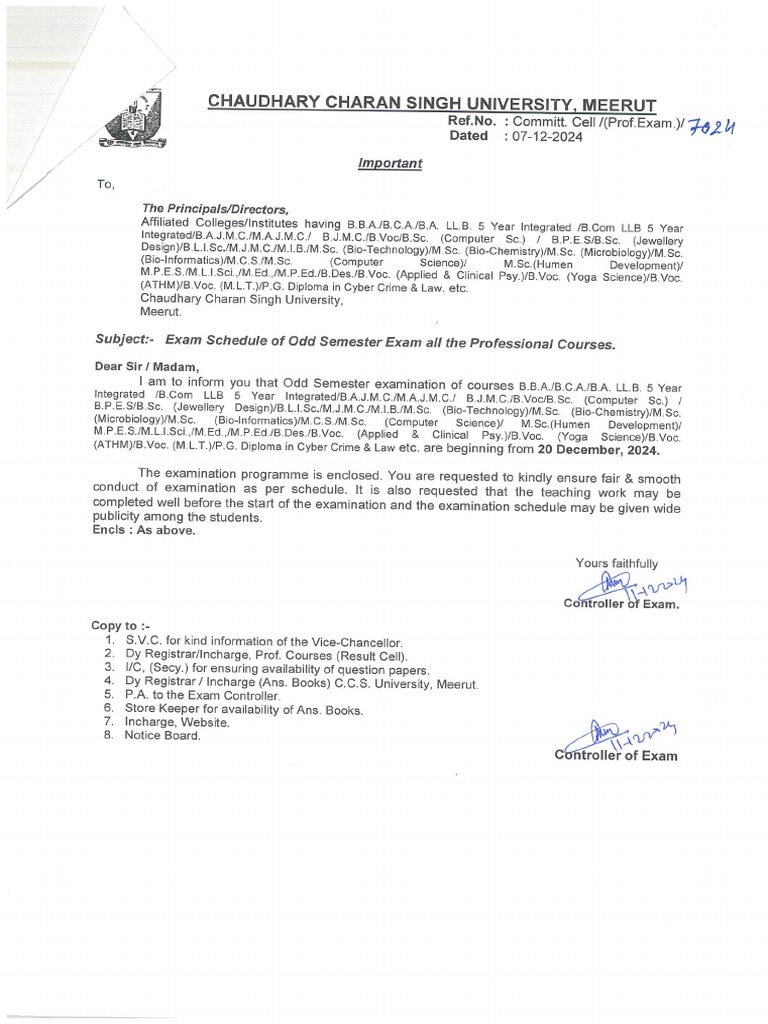 Final Datesheet Prof Odd Sem. Dec - 2024 | PDF