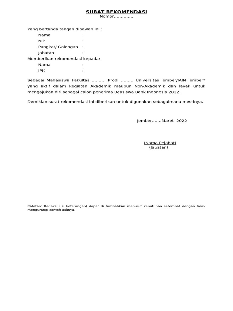 Format Surat Rekomendasi Beasiswa | PDF
