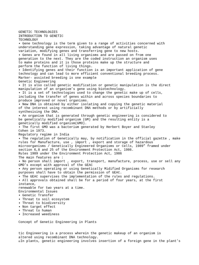 Overview of Genetic Technologies | PDF | Genetic Engineering ...