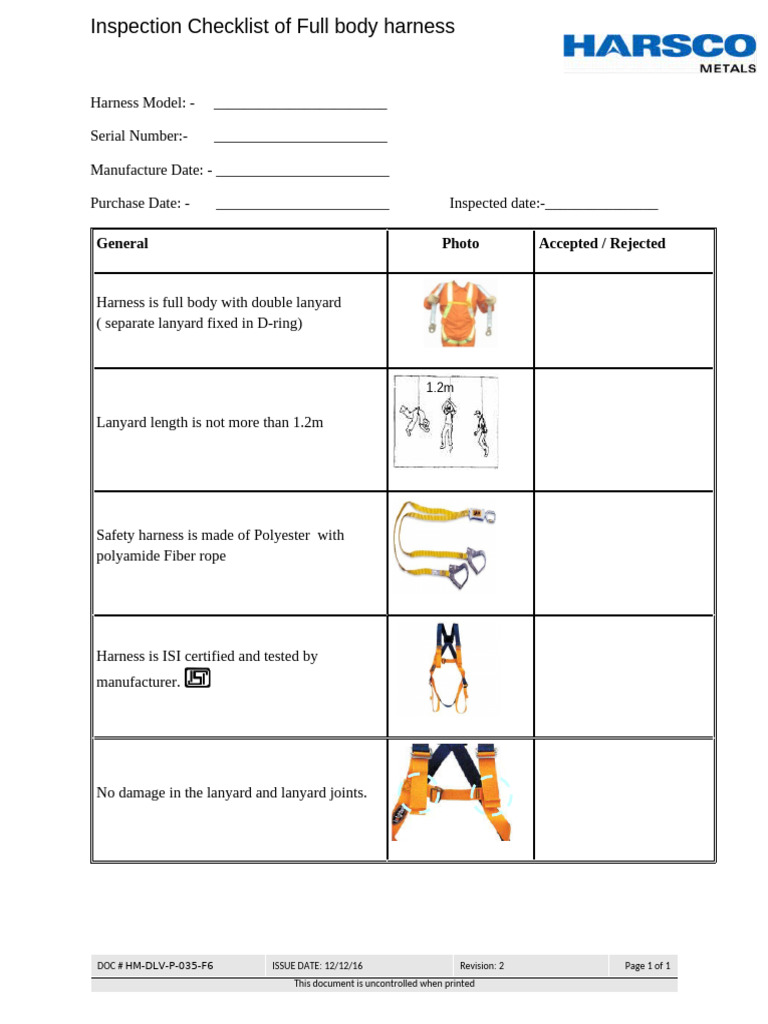 HM-DLV-P-035-F6 Check List Full Body Harness Rev 02 | PDF