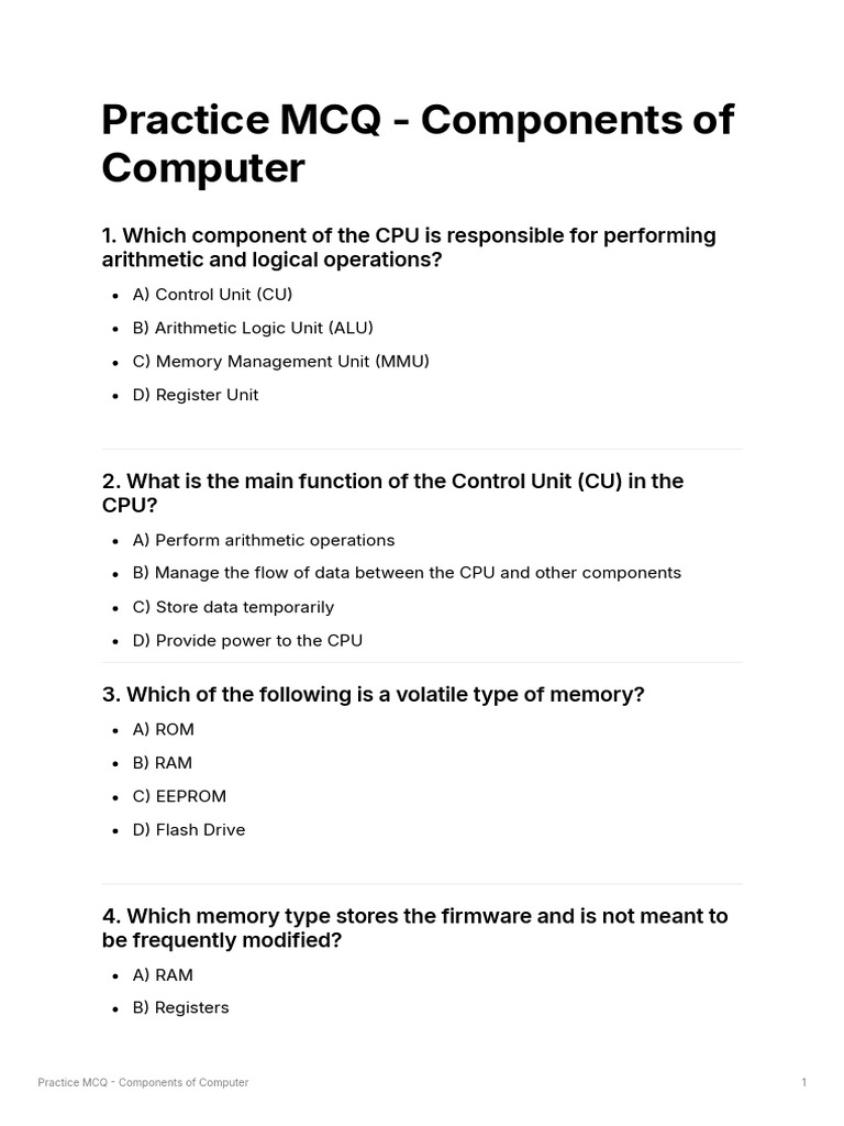 Practice mcq components of computer pdf computer data storage