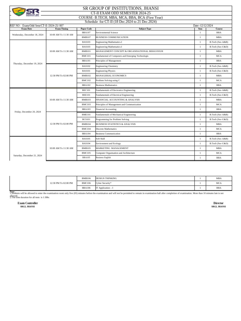 CT-II Exam Schedule Odd Semester 2024-25 Ct-2 | PDF | Engineering ...