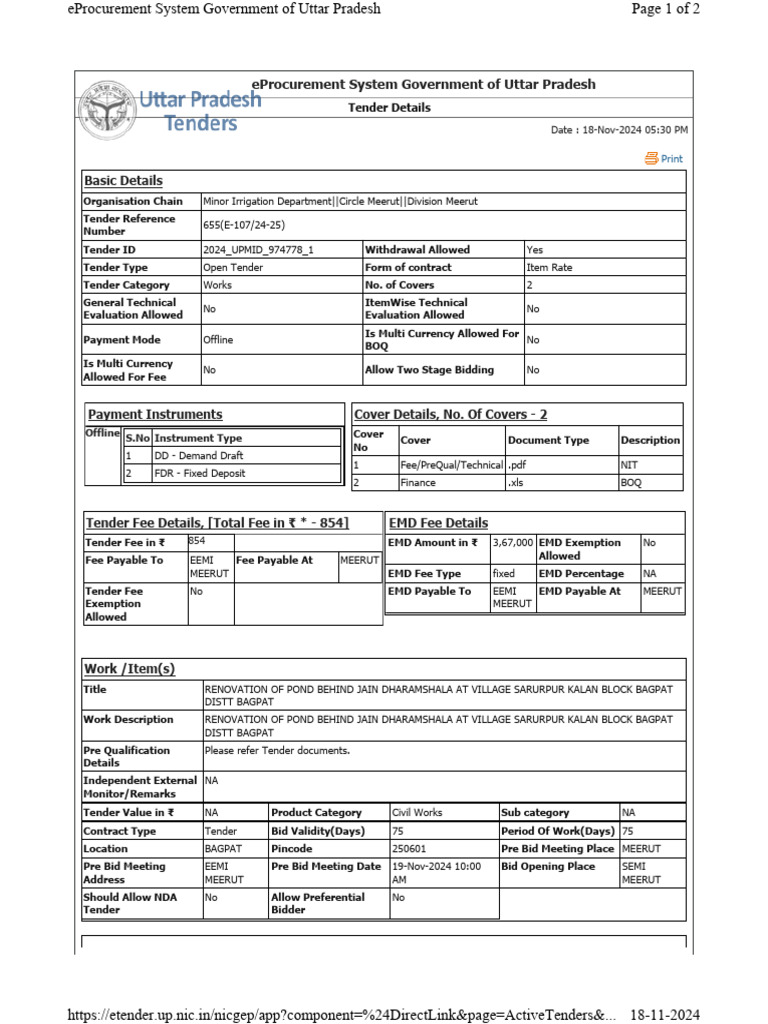 E Tender Doc Bagpat Pond Renovation | PDF | Money | Payments