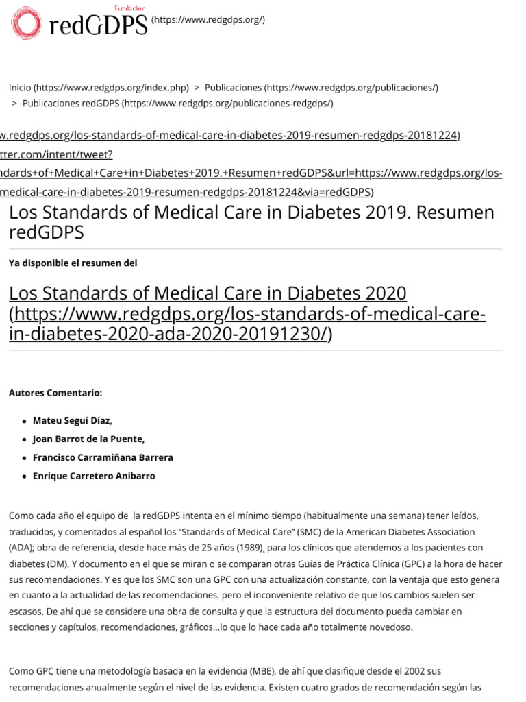 Los Standards of Medical Care in Diabetes 2019. Resumen RedGDPS | PDF ...