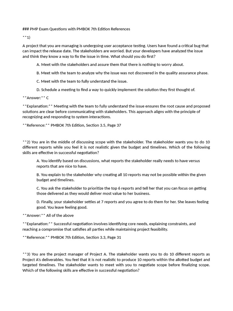 PMP Exam Questions with PMBOK 7th Edition | PDF | Negotiation ...