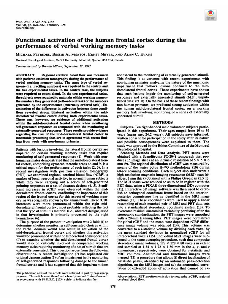 Petrides Et Al 1993 Functional Activation of The Human Frontal Cortex ...