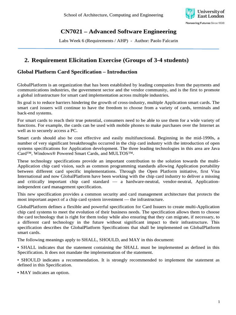 Requirement Elicitation Exercise | PDF | Smart Card | Specification ...
