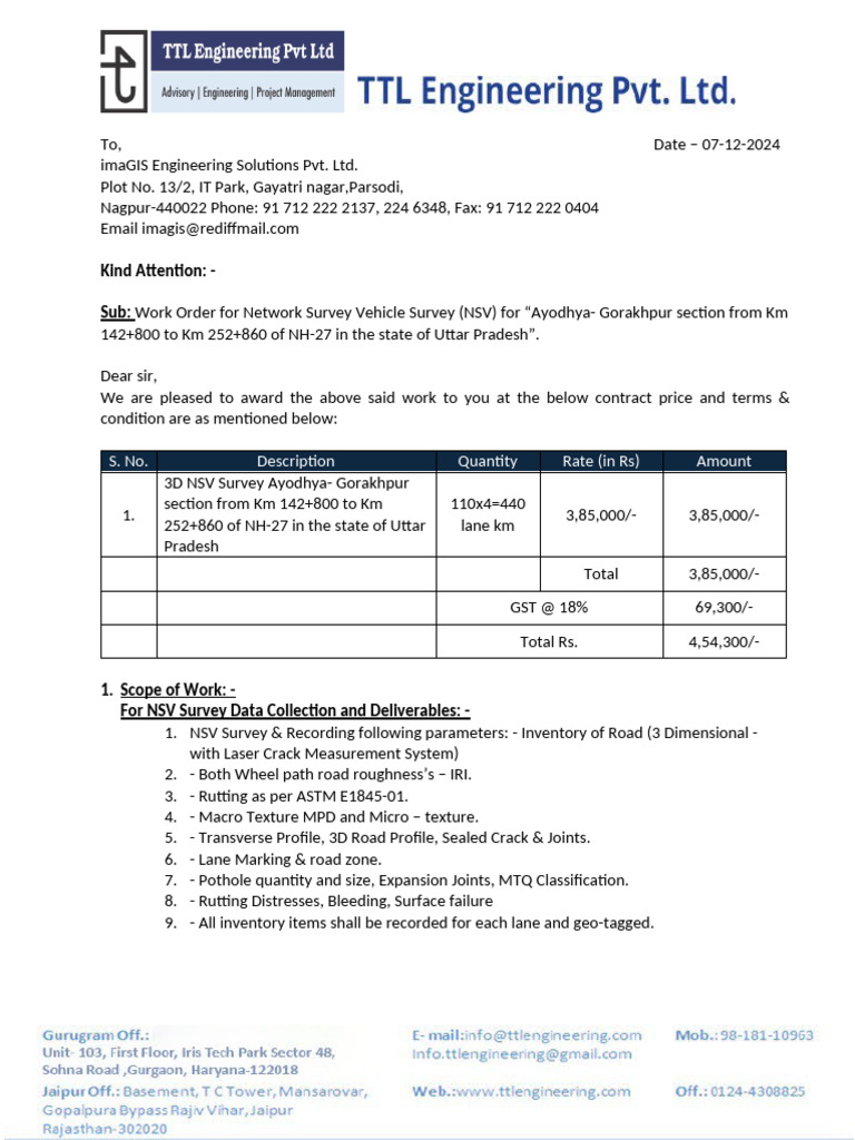 NSV Survey Work Order for NH-27 | PDF