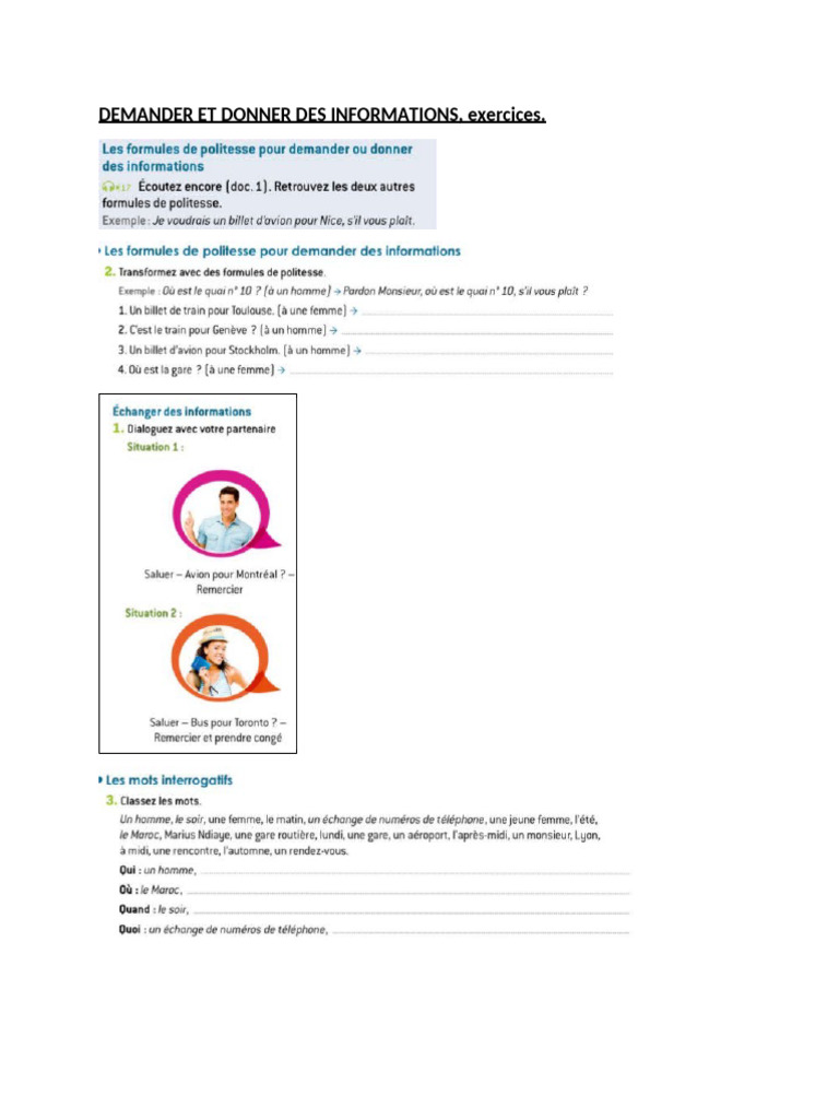 Demander Et Donner Des Informations Exercices | PDF