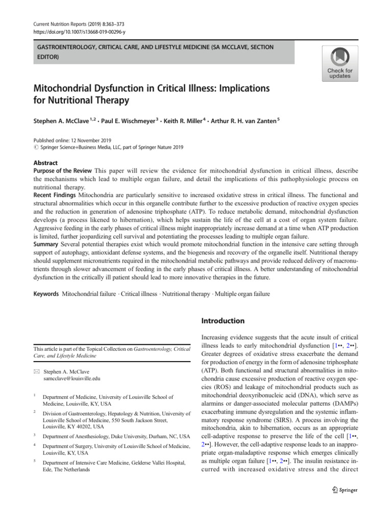 2019 Mitochondrial Dysfunction in Critical Illness Implications | PDF ...