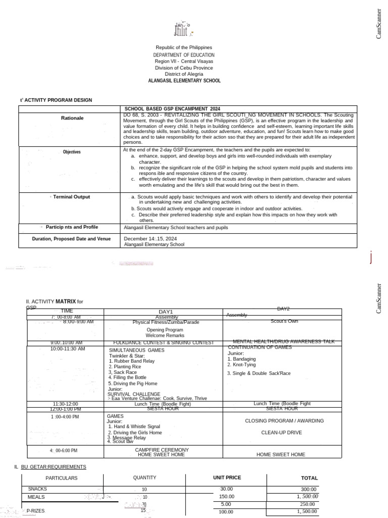 GSP Encampment Activity Program 2024 | PDF | Scouting