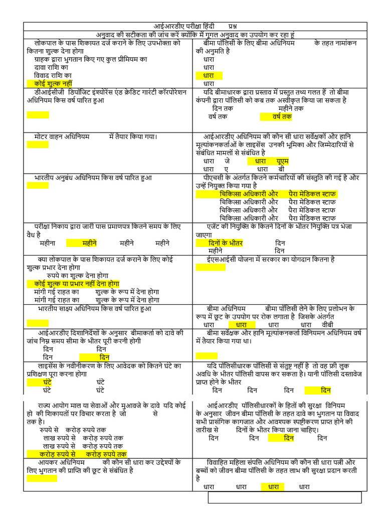 IRDA Exam - Hindi 200 Questions | PDF