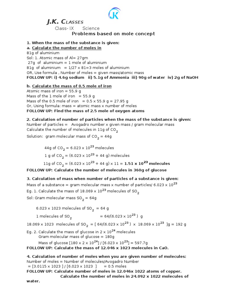 Problems Based On Mole Concept | PDF | Mole (Unit) | Molecules