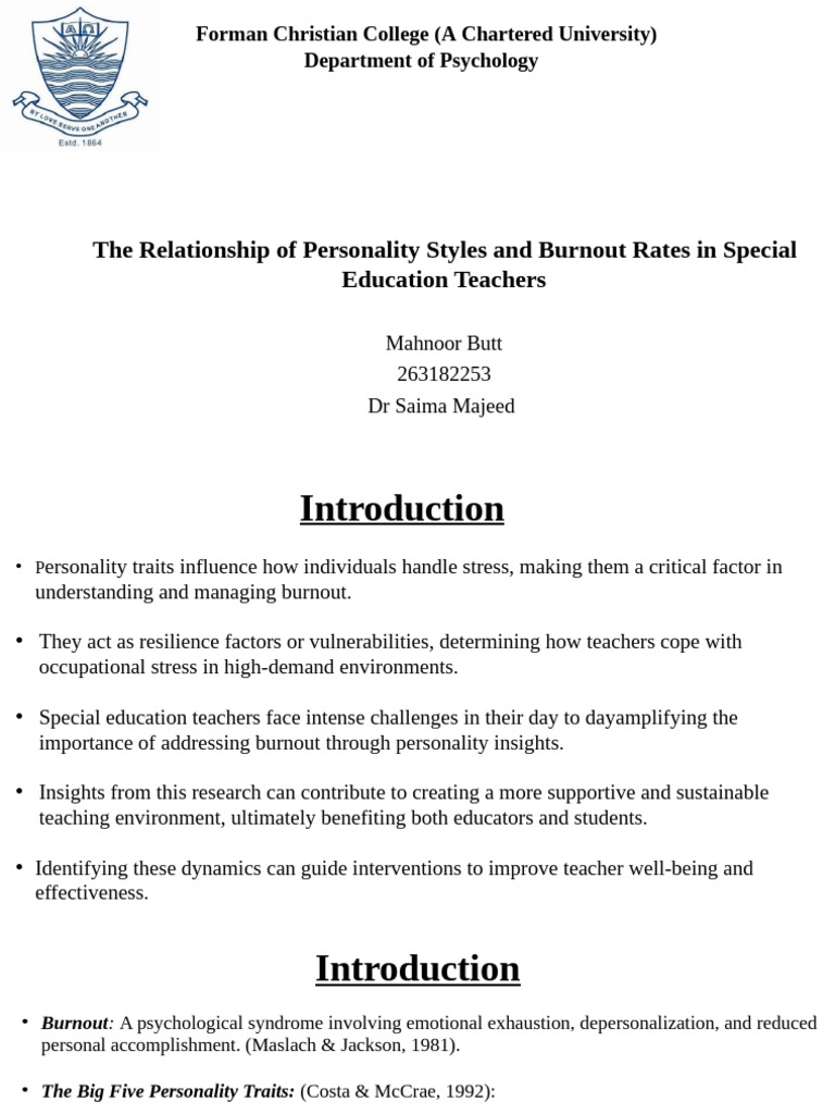 The Relationship of Personality Styles and Burnout Rates in Special ...