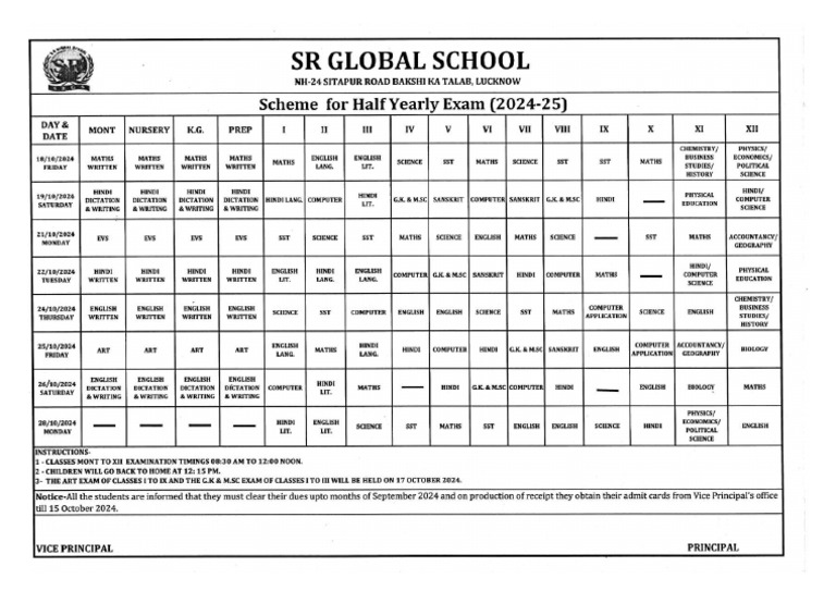 Half Yearly Exam 2024-25 Datesheet | PDF