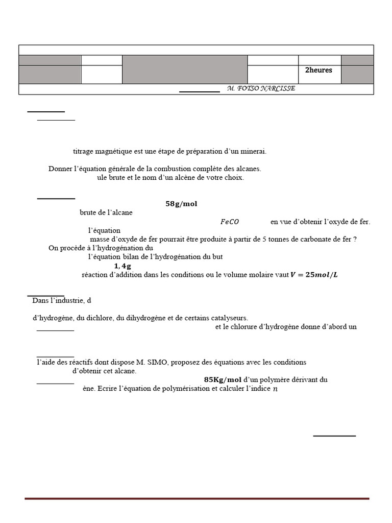 Épreuve de Sciences Physiques - Lycée Bilingue | PDF | Hydrogénation ...