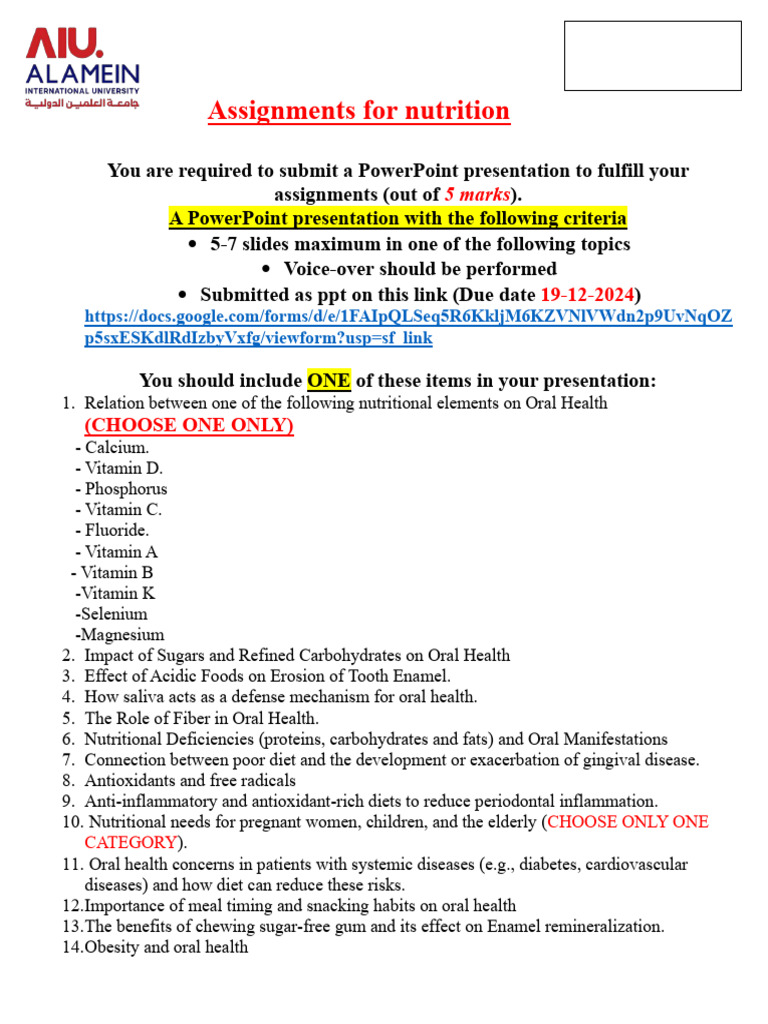 Nutrition Assignment Guidelines for BDS 371 | PDF