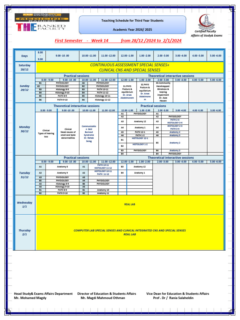 Week 14 Modified Year Three Semester One Schedule 2024-2025 | PDF