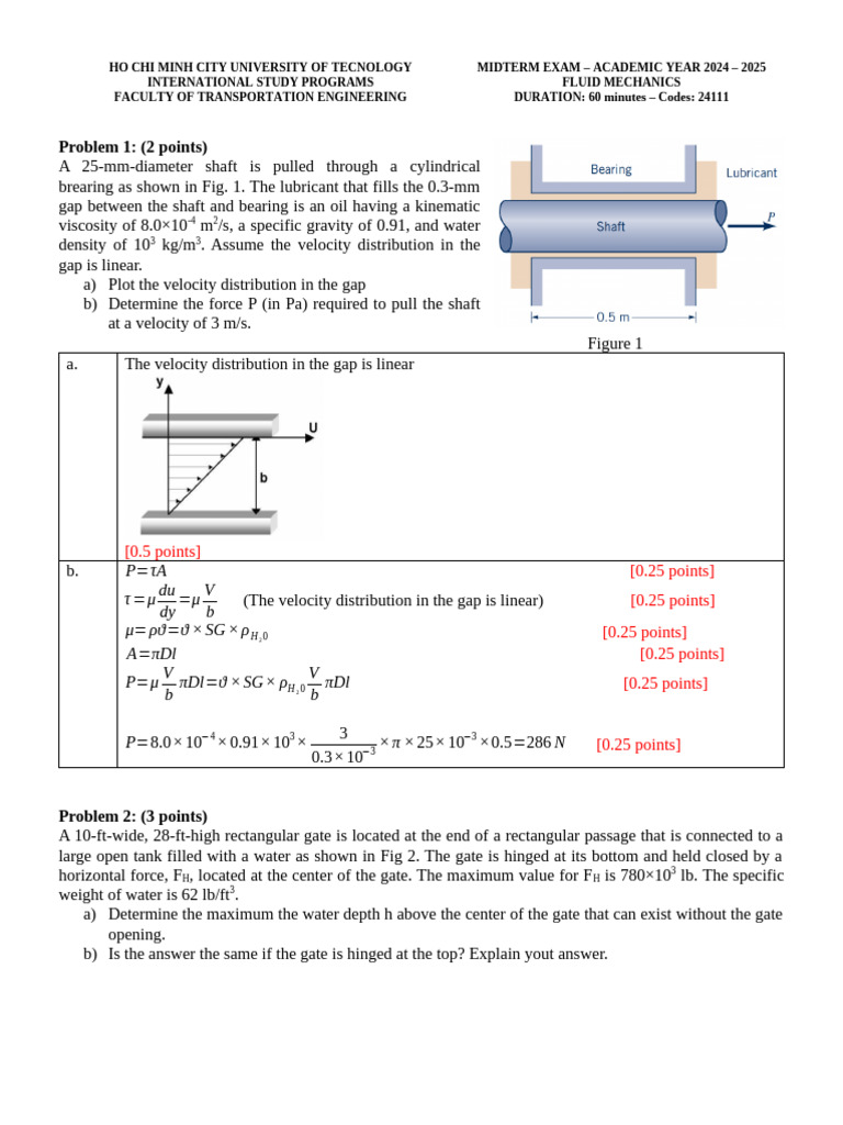 Fluid Mechanics Midterm Exam 2024-2025 | PDF | Pressure | Acceleration