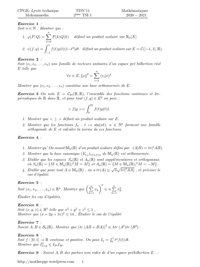 Exercices de Mathématiques en CPGE TSI 1 | PDF | Espace euclidien ...