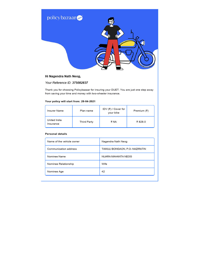 Two-Wheeler Insurance Policy Details | PDF