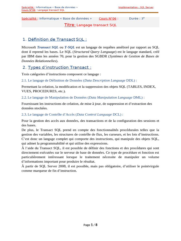 Introduction au langage Transact SQL | PDF | SQL | Microsoft SQL Server
