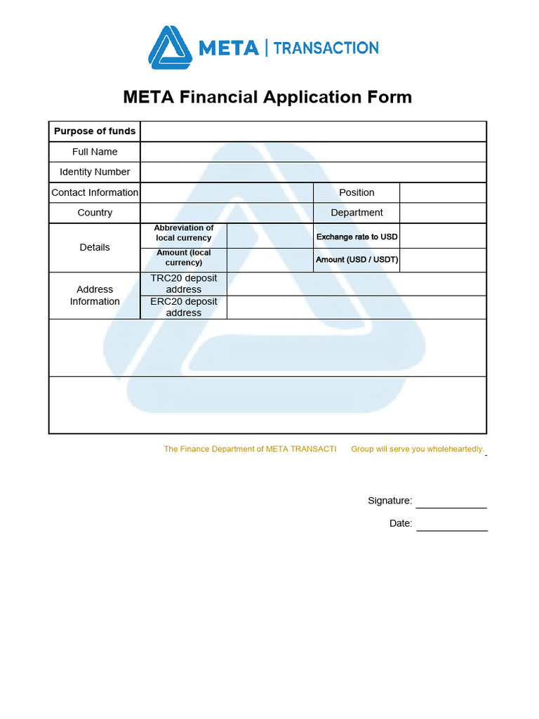 META TRANSACTION Financial Application Form | PDF