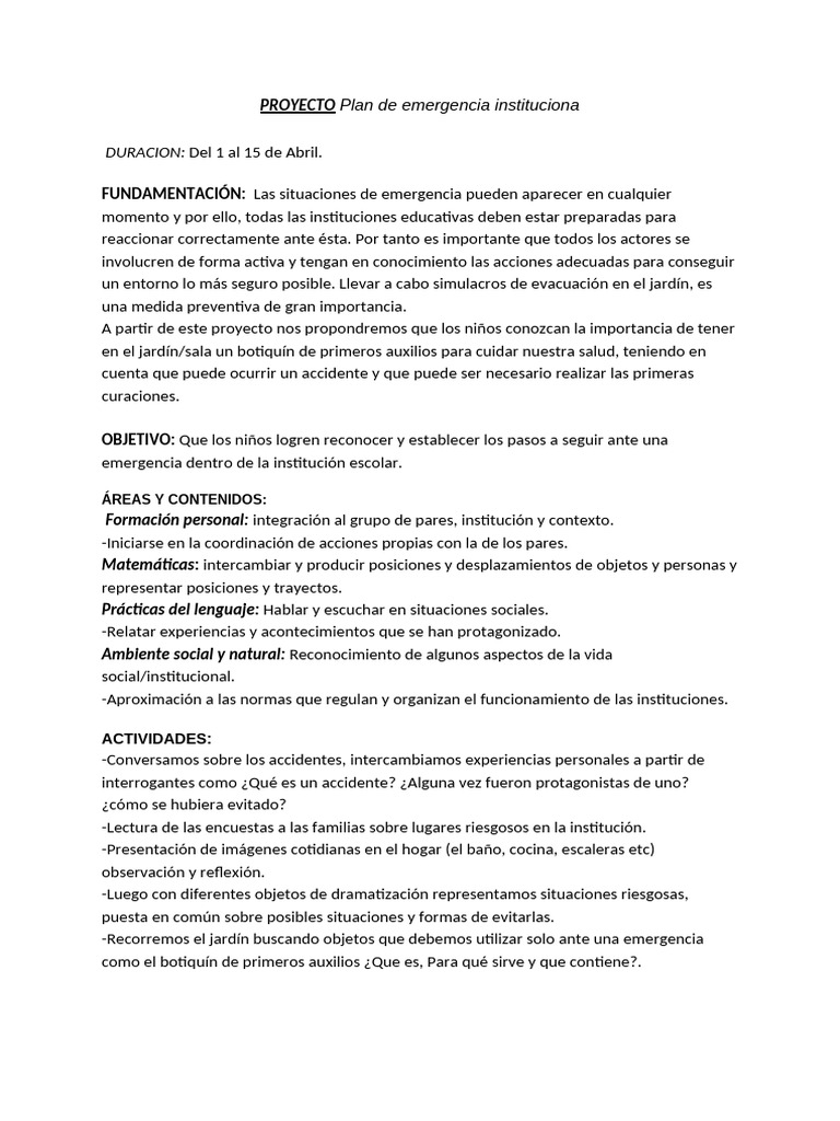 Plan de Emergencia Escolar Infantil | PDF | Primeros auxilios