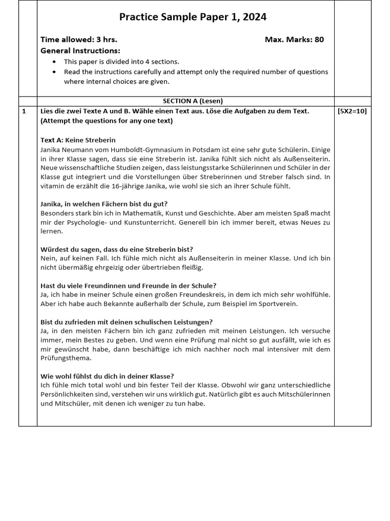 T-Practice Sample Paper 1, Class 10, German, 2024 | PDF