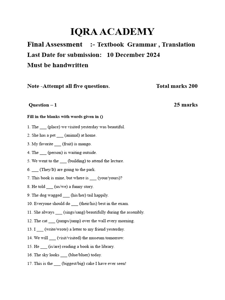 Final Assessment Pdf Adverb Verb